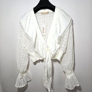 HUSH Women’s Off White Lace Ruffle Boho Cropped Blouse Long Sleeve Sz S